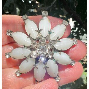 Vintage White Rhinestone Flower Brooch Pin Marquis Cut Sunburst